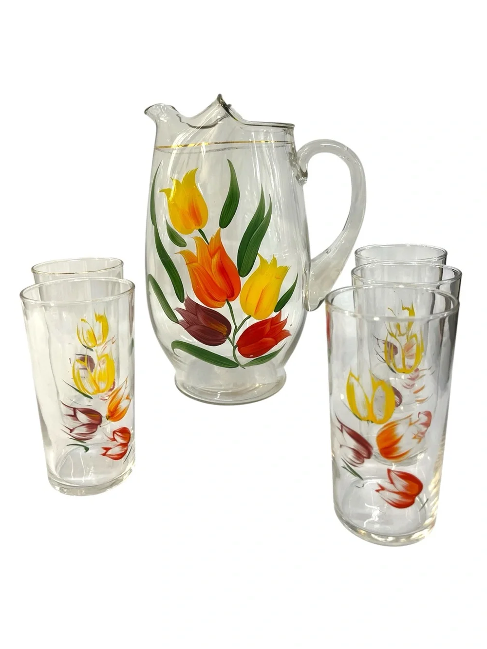 Set Of 6 Vintage Federal Glass Tulip Pitcher & Glasses MCM Hand Painted Gold Rim